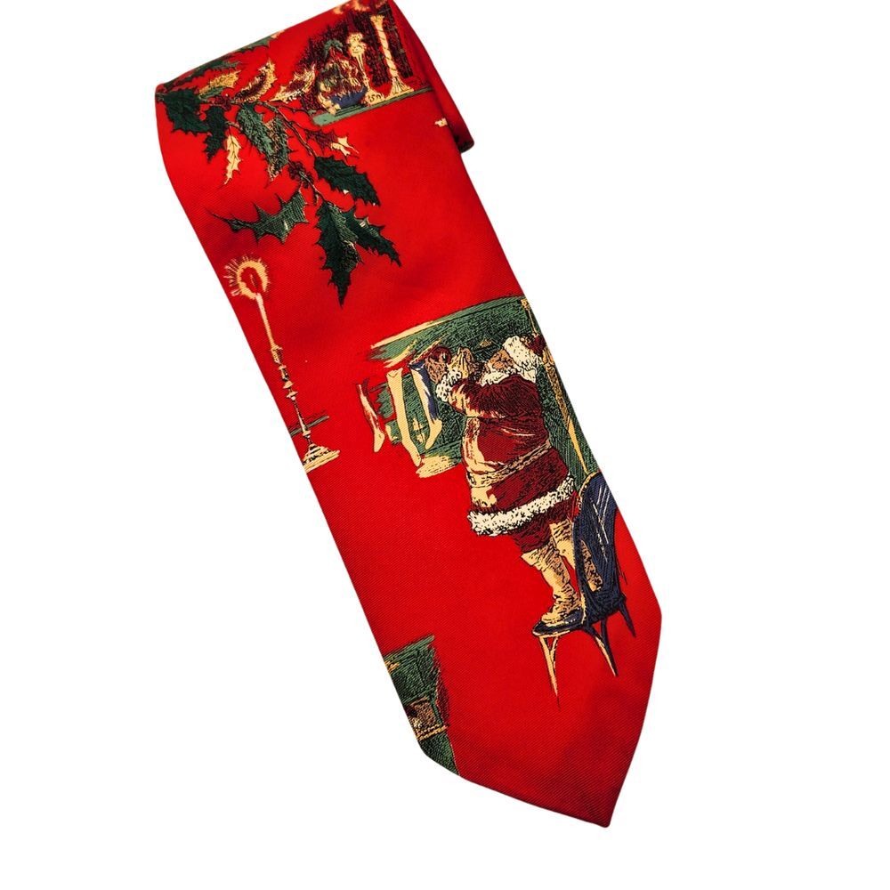 Dillard's Holiday Christmas Tree Santa Mens Necktie‎ Red Silk Made in USA Tie
